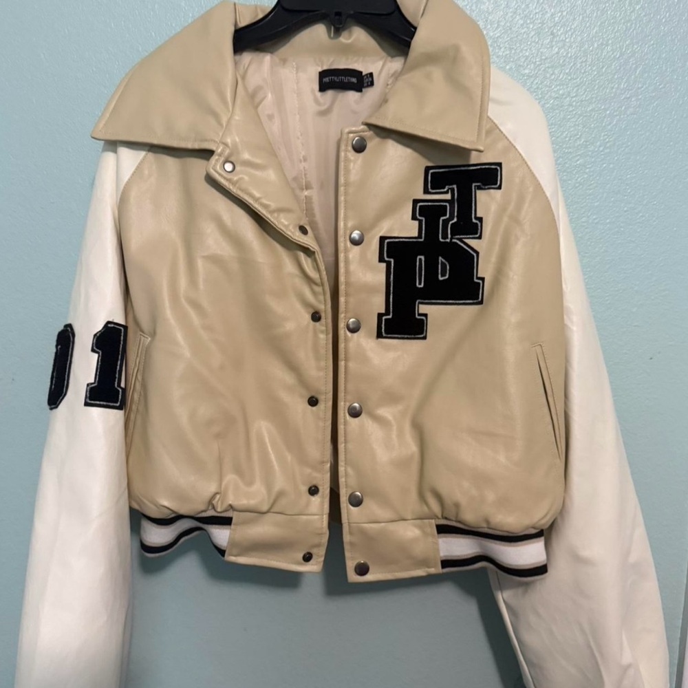 PrettyLittleThing Tan and White Varsity Jacket